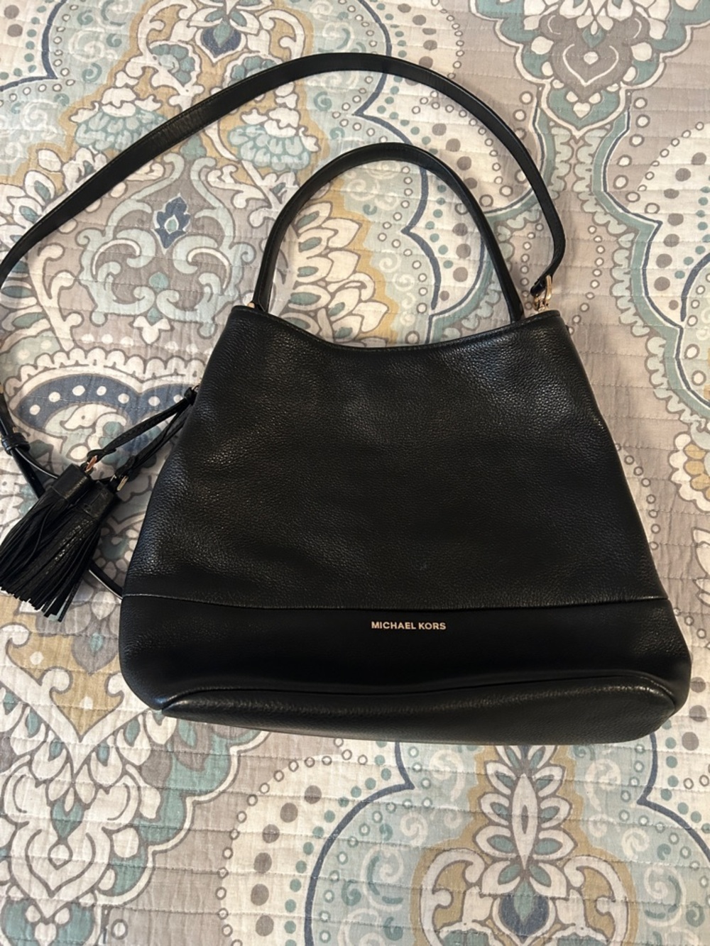 Michael Kors Bedford Black Pebbled Leather Shoulder Hobo with Tassel
